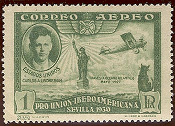 Spain, 1930: first stamp to show a cat - Charles Lindbergh's Patsy